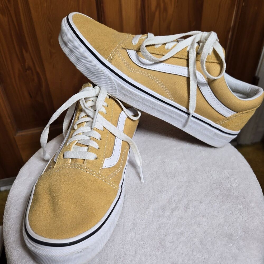 Vans Old Skool Mustard Yellow White Sneakers Men 7.5 Women 9 Shoes Suede Wear